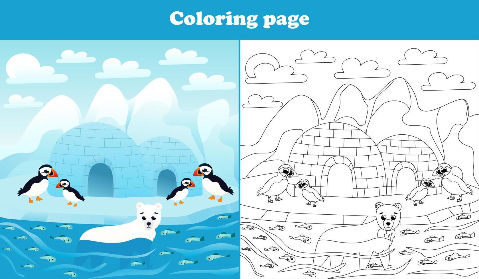 Arctic landscape for kids with cute puffin and polar bear characters, coloring page for children books, printable worksheet in cartoon style for school, animal wildlife theme vector
