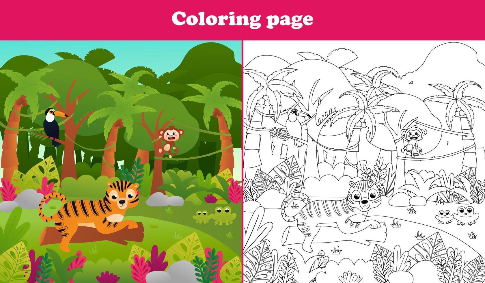 Printable coloring page for kids with jungle paradise scene with cute toucan bird and tiger sitting on tree trunk vector