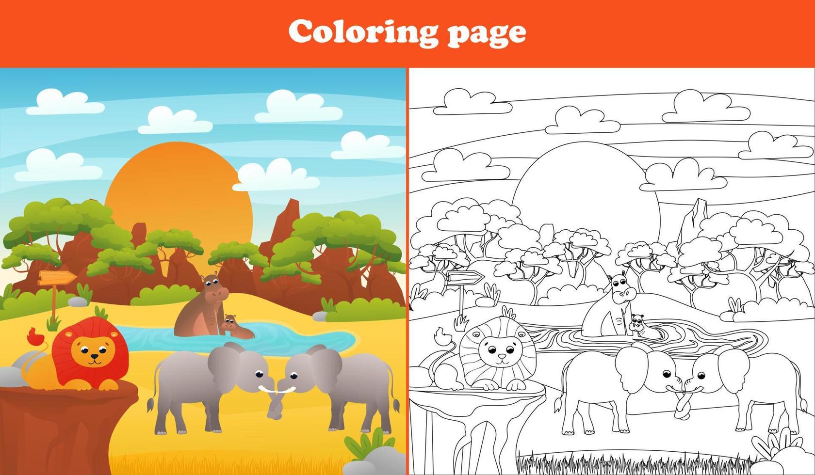 paisaje del desierto de safari para niños con lindos personajes animales: elefantes, leones, hipopótamos, página para colorear para libros infantiles, hoja de trabajo imprimible en estilo de dibujos animados para la escuela, tema de la vida silvestre animal vector