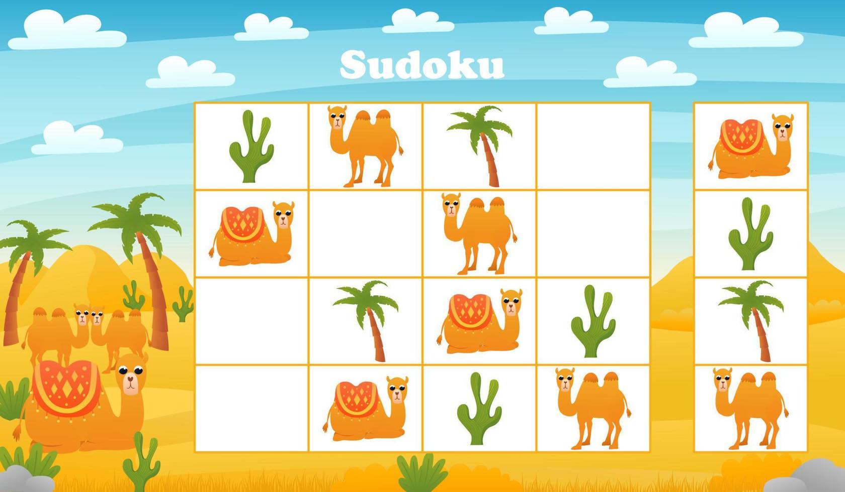 Kids sudoku board game with cartoon camel and cactus in desert. riddle with African animals characters vector