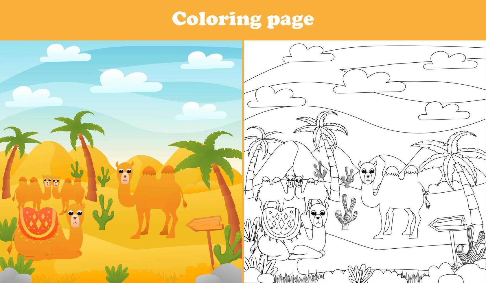 Printable coloring page for kids with desert scene with cute animals camel and palm trees, worksheet for school vector