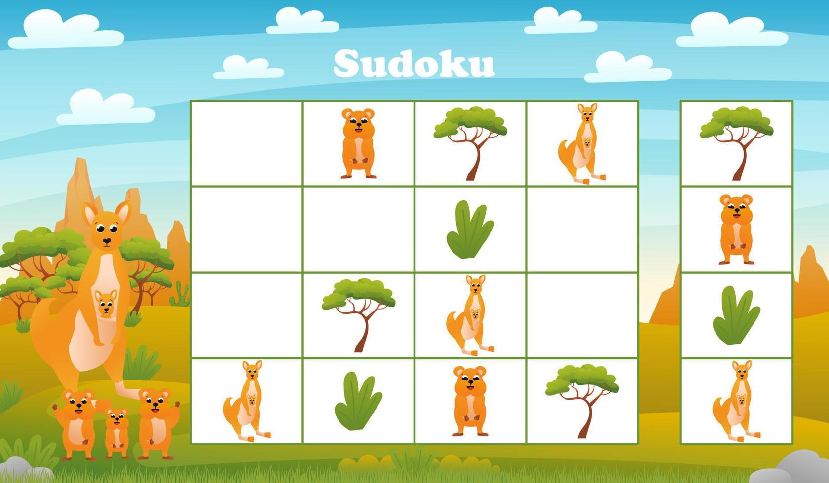 Kids sudoku board game with cartoon kangaroo and quokka in desert. riddle with Australian animals characters vector
