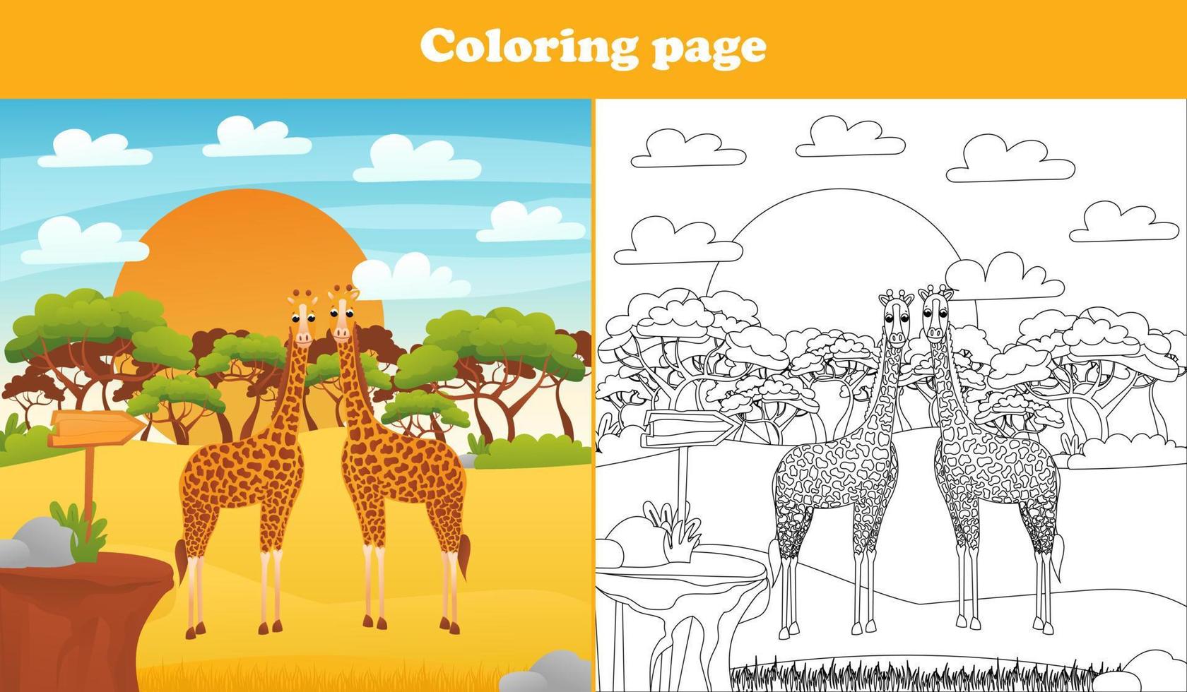 Safari desert landscape for kids with cute animal characters - giraffes, coloring page for children books, printable worksheet in cartoon style for school, animal wildlife theme vector