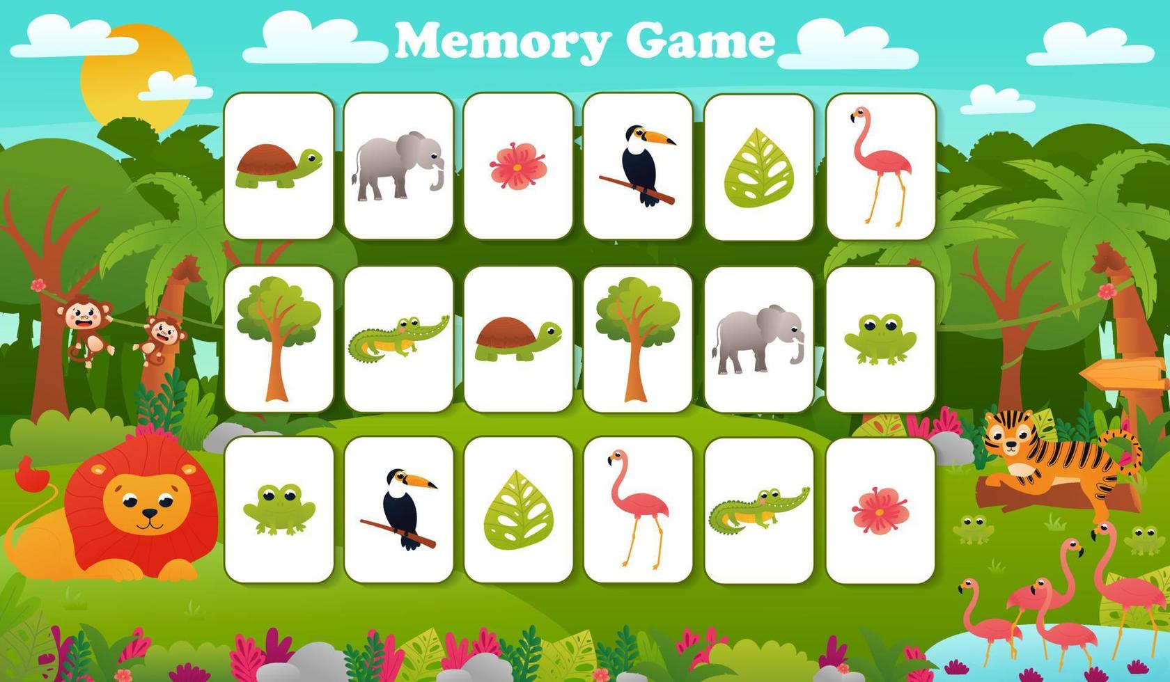 hoja de trabajo educativa imprimible para niños con sudoku, animales de la jungla tropical vida silvestre con lindo león y tigre vector