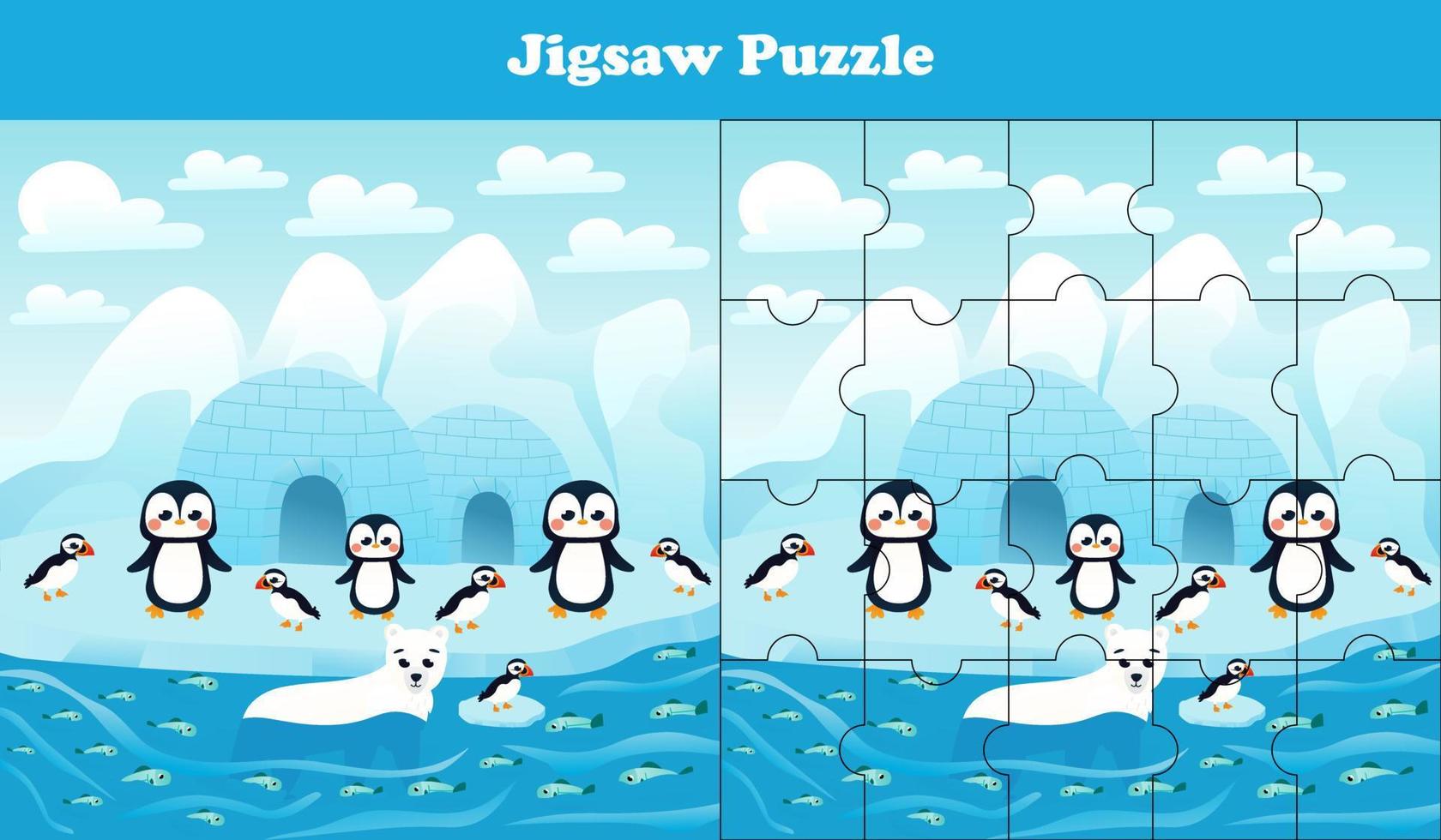 Jigsaw puzzle game with north pole wildlife - penguins, polar bear and puffins, printable worksheet for kids vector