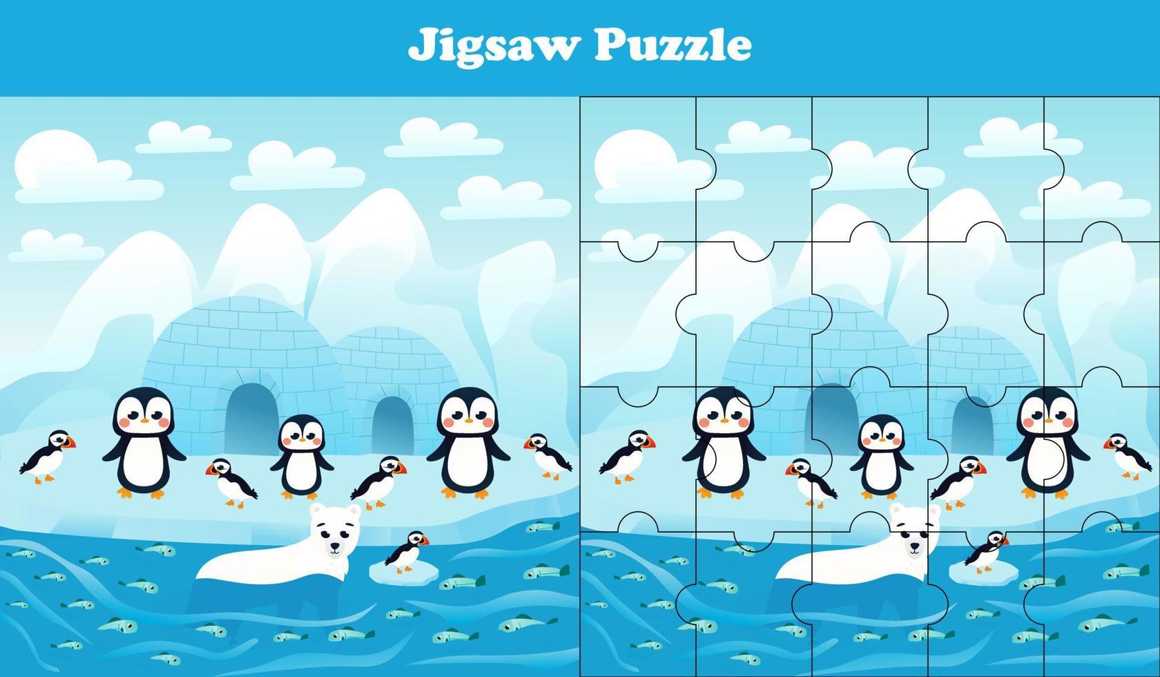 Jigsaw puzzle game with north pole wildlife - penguins, polar bear and puffins, printable worksheet for kids vector