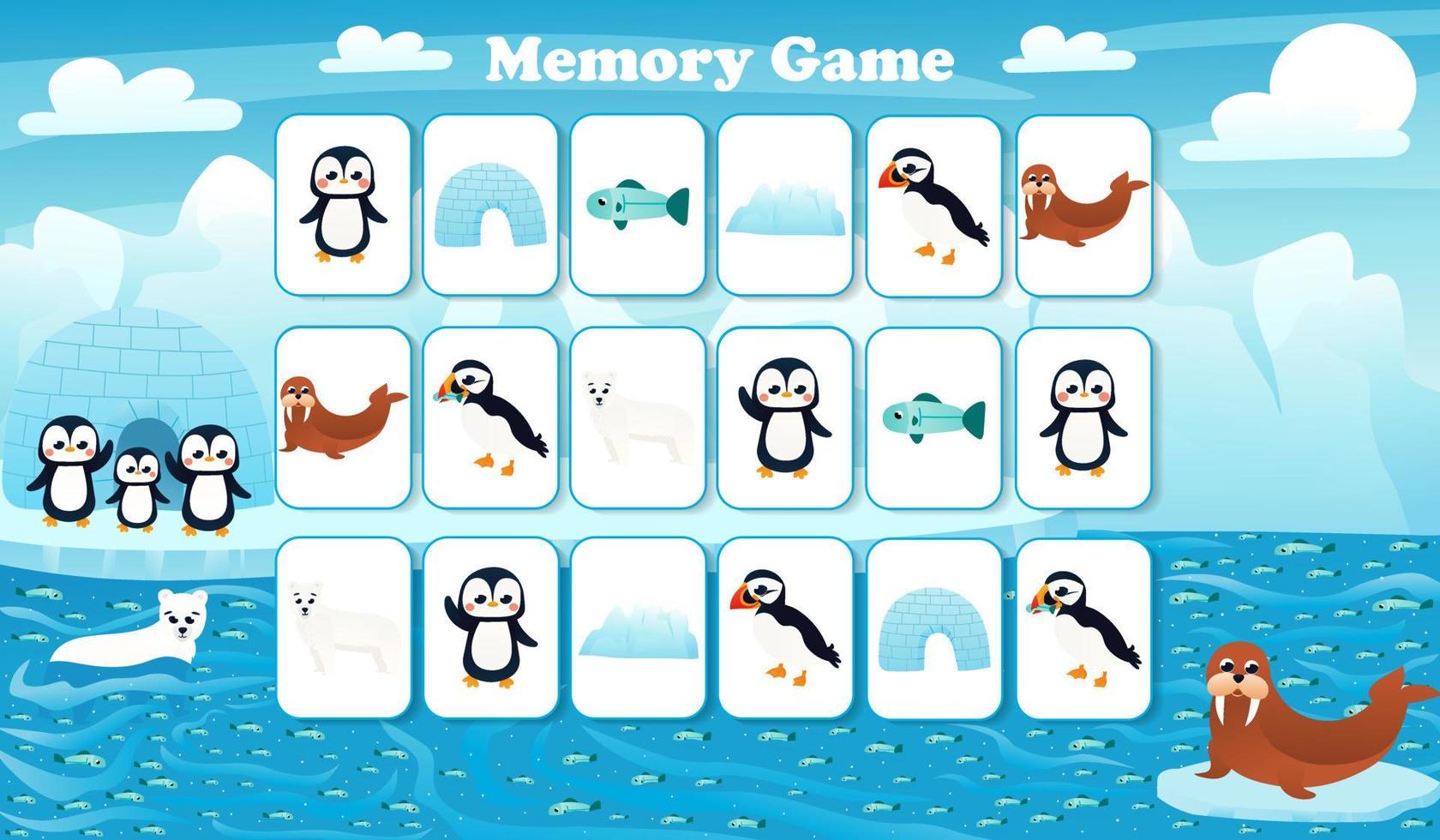 Memory game for preschool children, vector cards with cartoon north pole animals, activity page for book