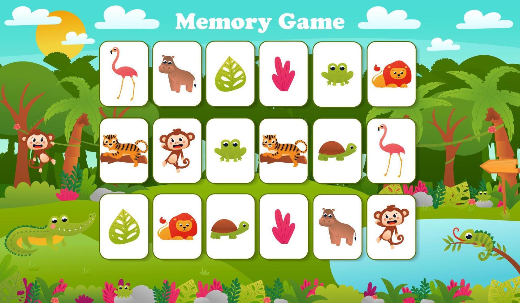 juego de memoria para niños en edad preescolar, tarjetas vectoriales con dibujos animados de animales de la selva tropical, página de actividades para el libro vector