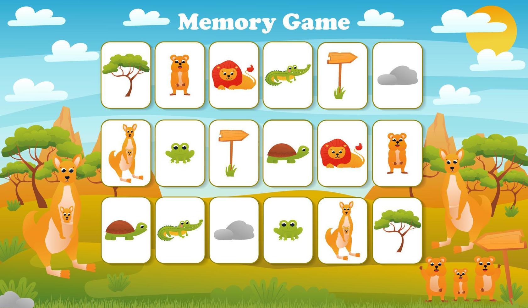 Memory game for preschool children, vector cards with cartoon Australian animals with kangaroo and quokka