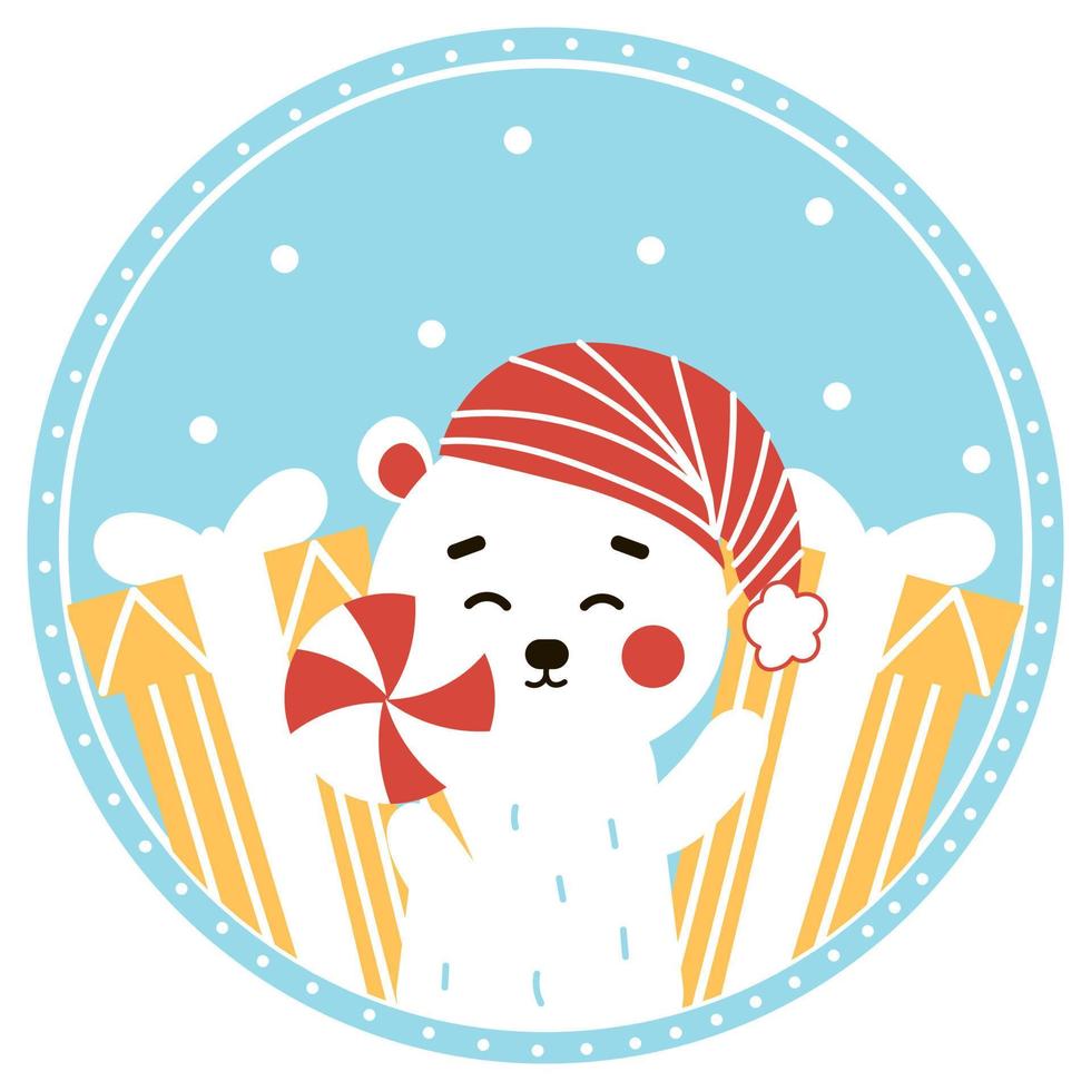 bola de navidad con lindo personaje de oso sosteniendo dulces vector
