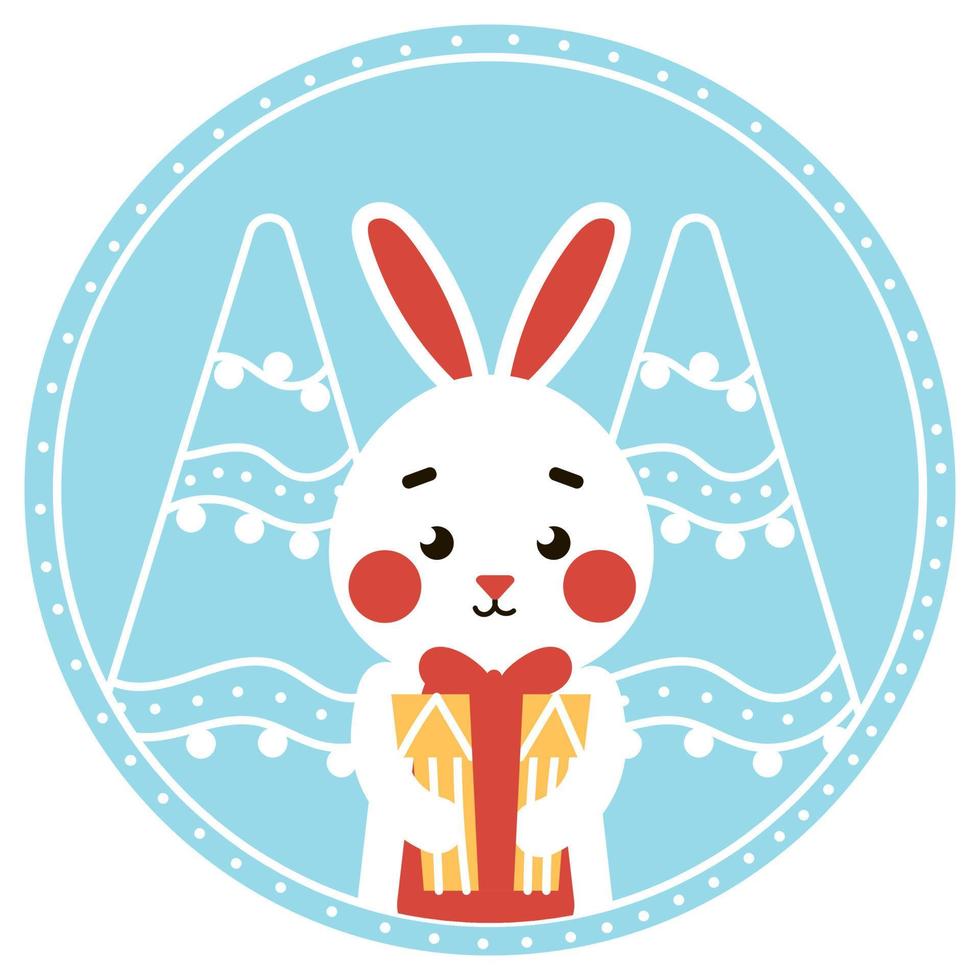 Christmas ball with cute bunny character holding gift box vector