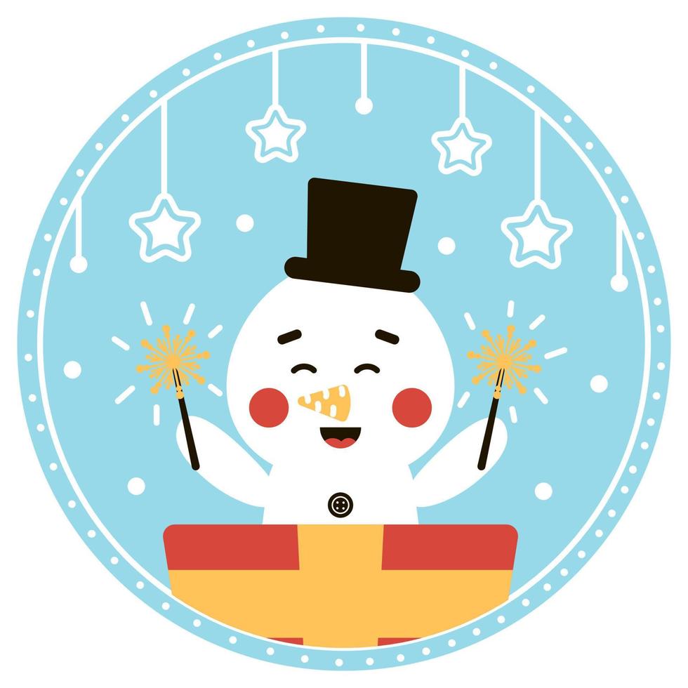 bola de navidad con un lindo personaje de muñeco de nieve saltando de una caja de regalo vector