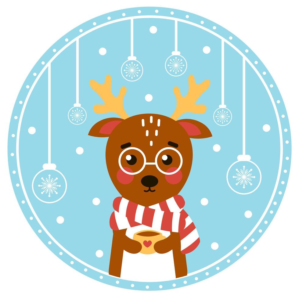 Christmas ball with cute deer character holding cup vector