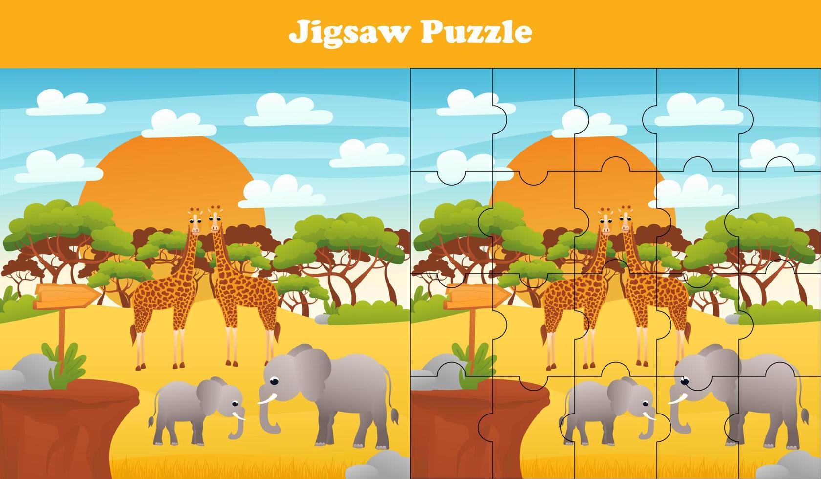 Cartoon vector illustration of educational jigsaw puzzle game for preschool children with funny giraffe and elephants