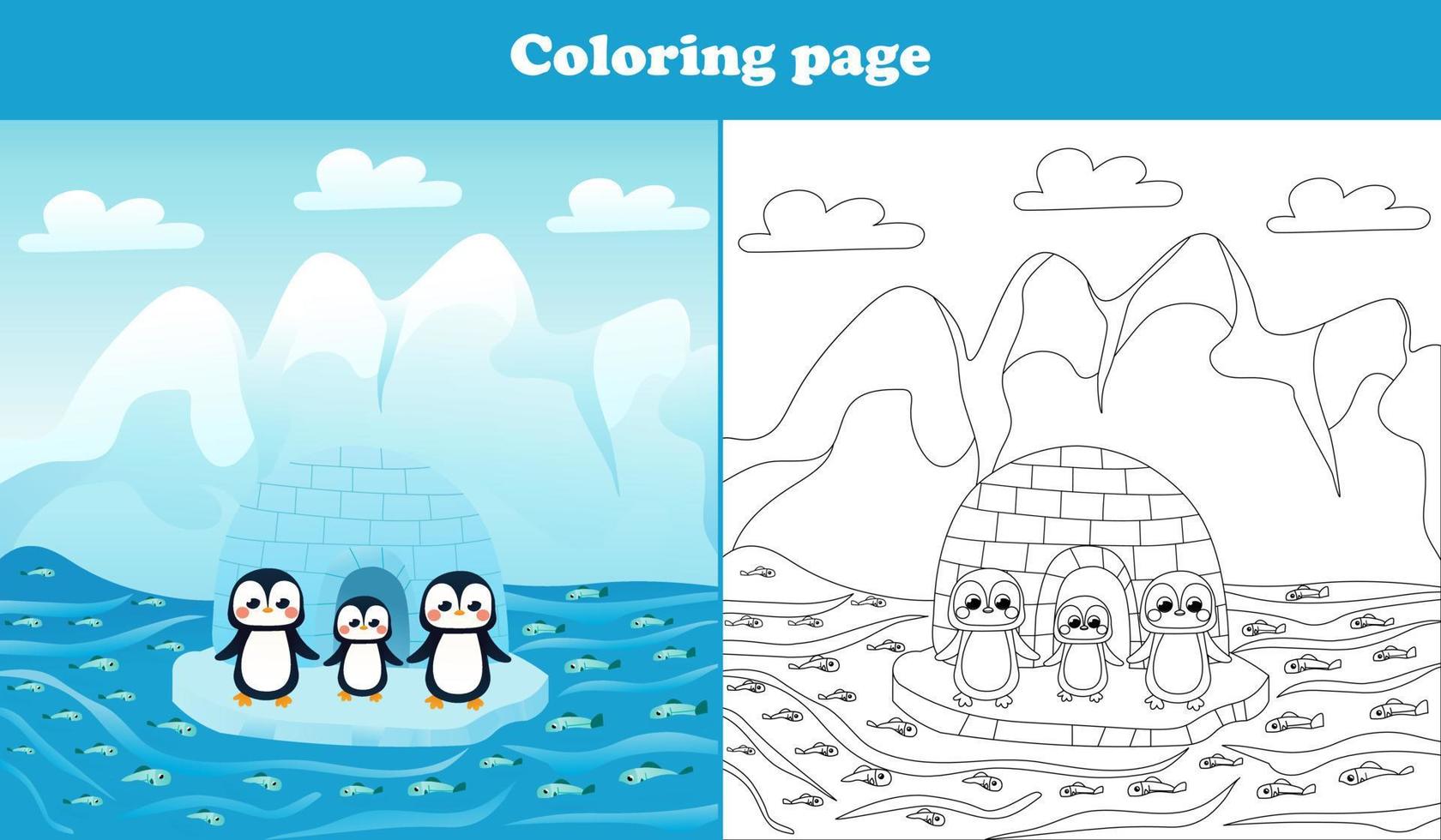 paisaje ártico para niños con lindos personajes de pingüinos, página para colorear para libros infantiles, hoja de trabajo imprimible en estilo de dibujos animados para la escuela, tema de vida silvestre animal vector