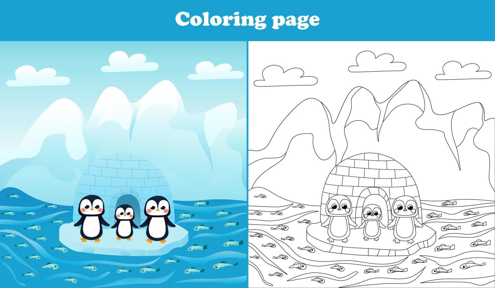Arctic landscape for kids with cute penguin characters, coloring page for children books, printable worksheet in cartoon style for school, animal wildlife theme vector