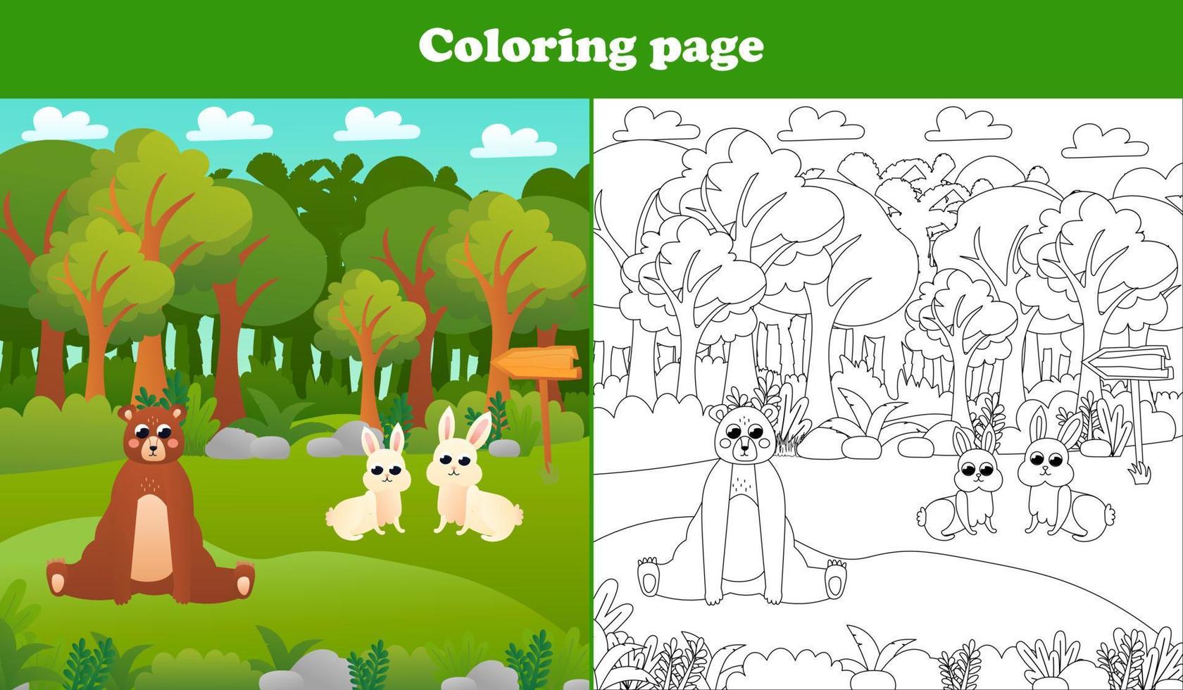 página imprimible para colorear para niños con escena de bosque con oso y lindos conejos, hoja de trabajo para libros escolares vector