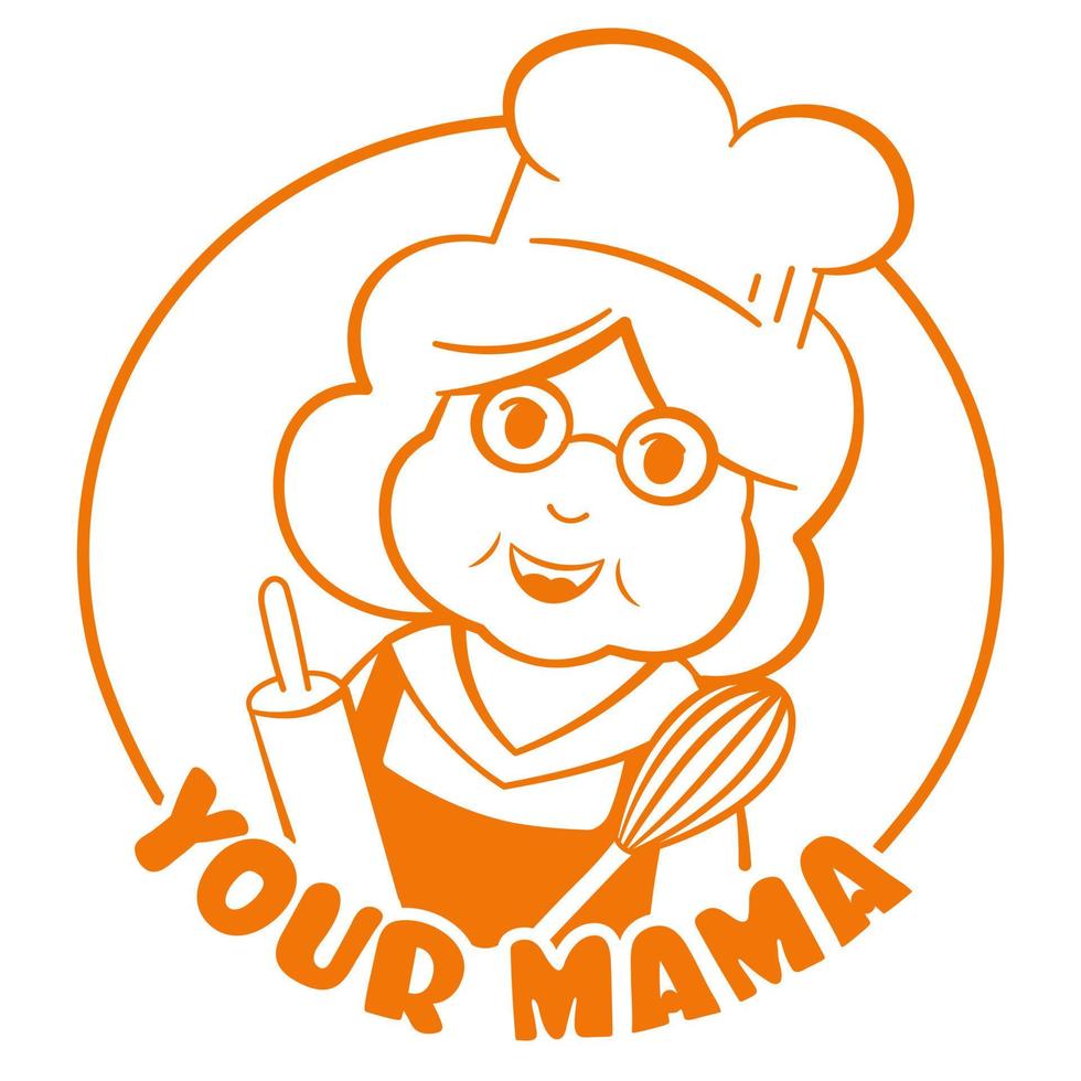 logotipo redondo para confitería de café o panadería con un lindo personaje de abuela en gorra de cocinero, etiqueta de panadería retro vintage con estilo de contorno vector