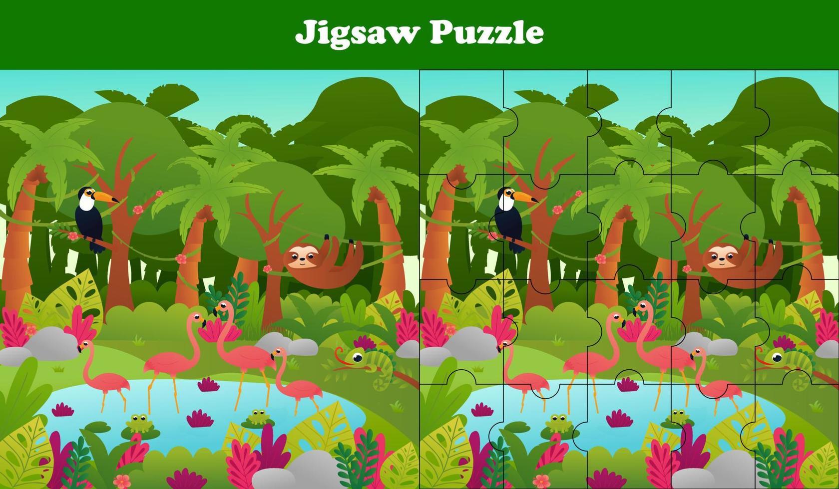 Jigsaw puzzle for kids with cute tropical jungle animals - toucan and flamingo, printable worksheet for children vector