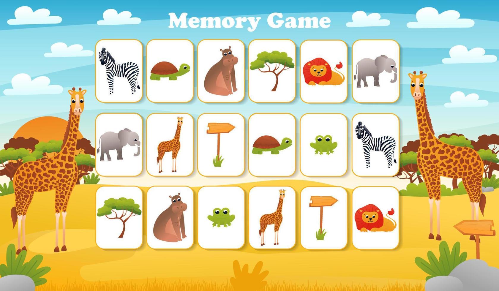 juego de memoria para niños en edad preescolar, tarjetas vectoriales con animales del desierto de safari de dibujos animados, página de actividades para el libro vector