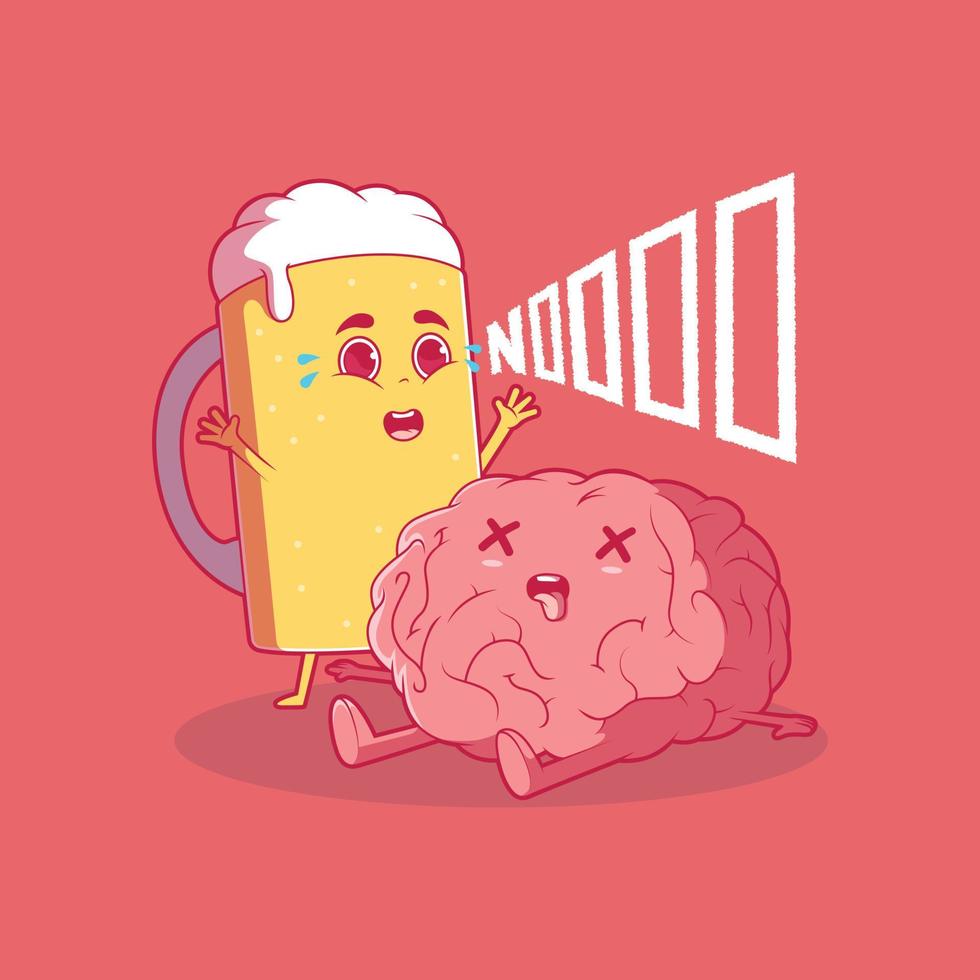 Cute Beer mug and brain character vector illustration. Party, alcohol, funny design concept.