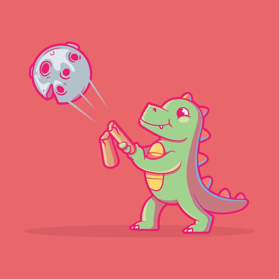 Funny Dino character hitting an asteroid vector illustration. Extinction, nature, funny design concept.