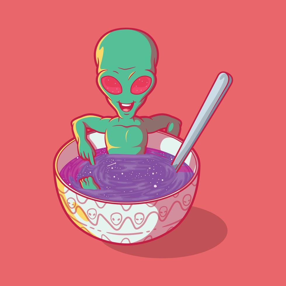 Alien Character on space soup bowl vector illustration. Discover, astronomy, food design concept.