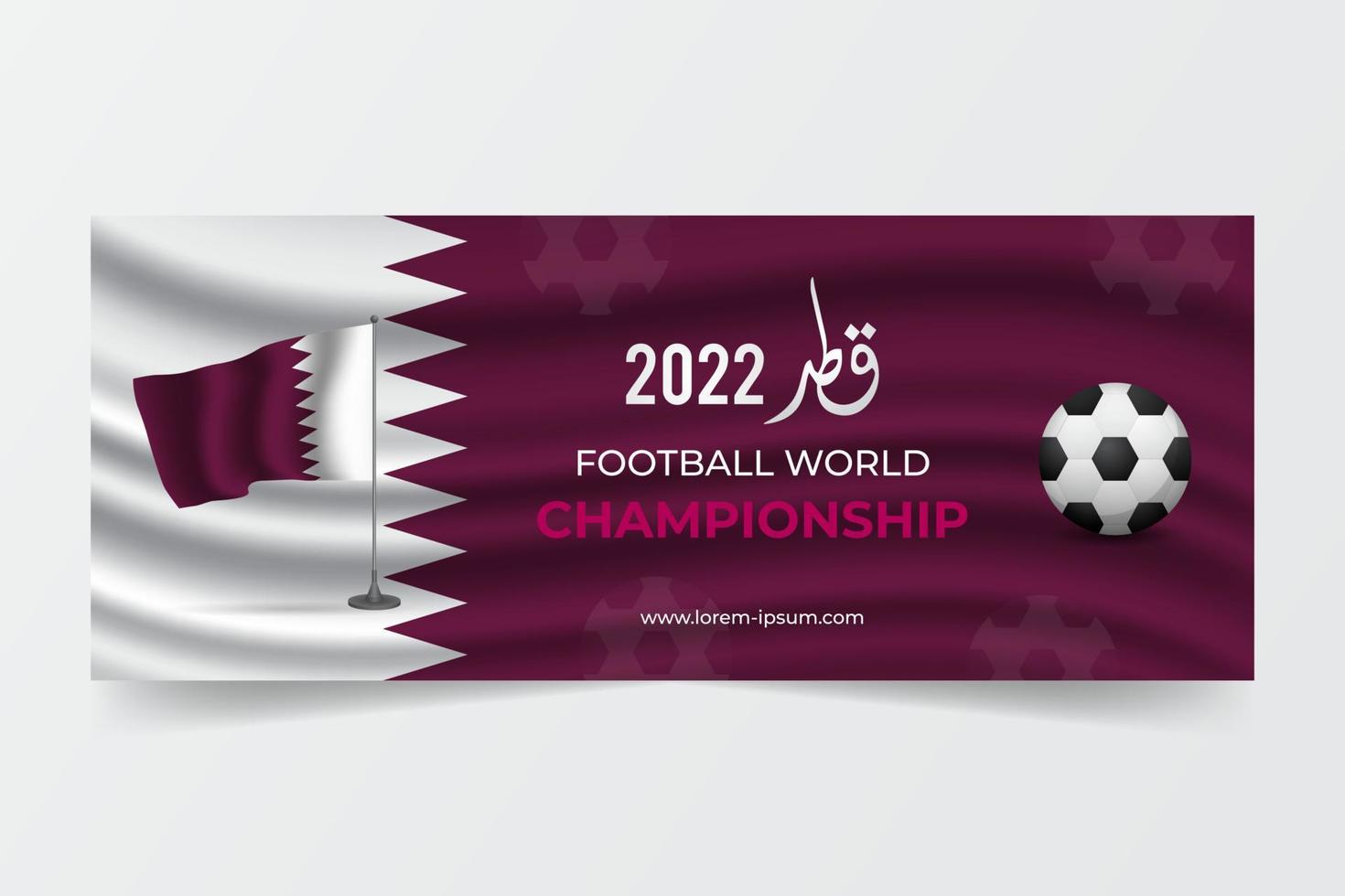 plantilla de banner horizontal de campeonato mundial de fútbol degradado granate con ilustración de bandera de qatar vector