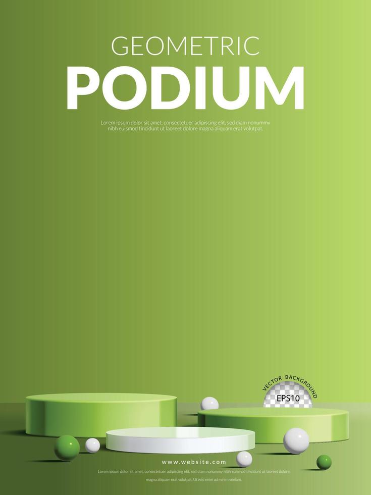 Geometric product display concept, three step green and white cylinder podium with ball on green background, vector illustration