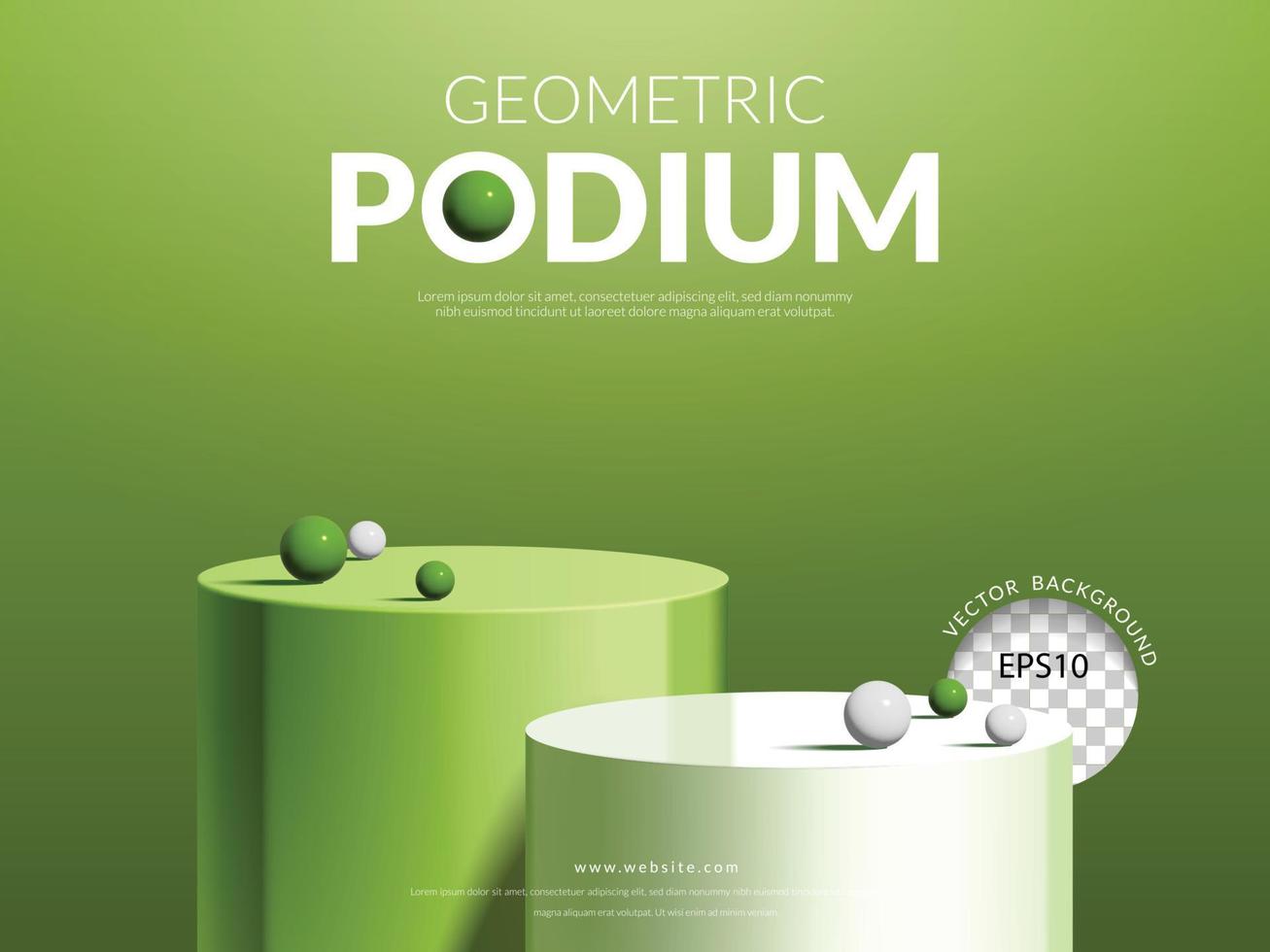 Geometric product display concept, green and white podium with ball on green background, vector illustration