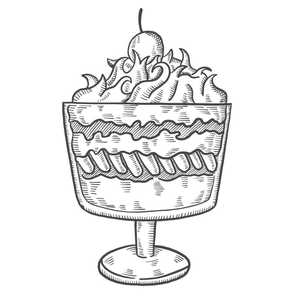 trifle británico o inglaterra y postre bocadillo aislado doodle boceto dibujado a mano con estilo de esquema vector