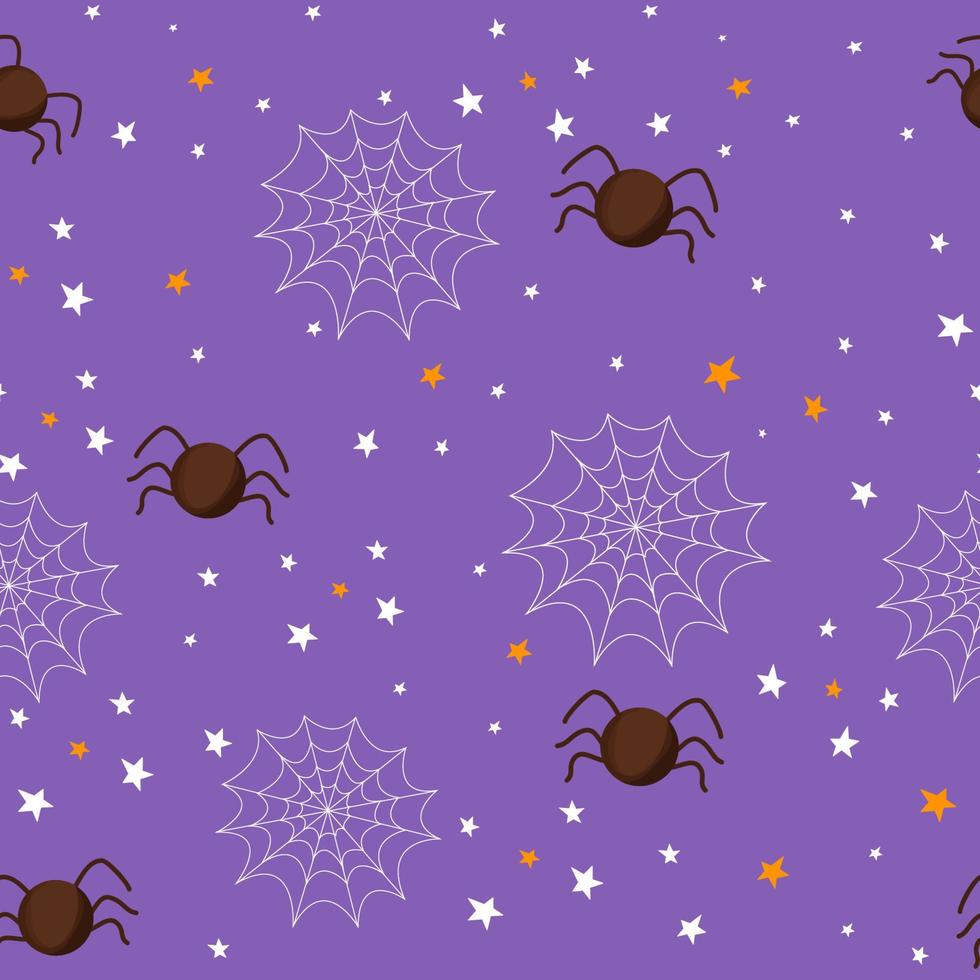 Halloween cute spider on spiderweb seamless pattern, holiday kids design in cartoon style. Silhouette decorated with stars, simple. Vector illustration