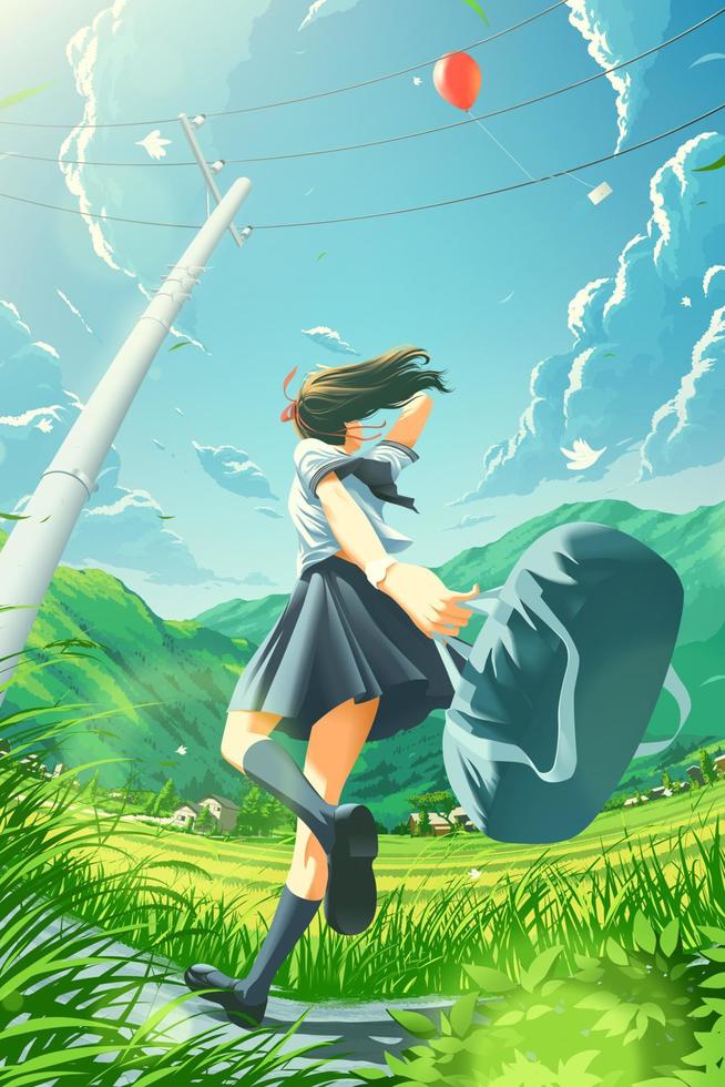 a Japanese school girl is running happily to home in the countryside and seeing the balloon attached with letter envelope. vector