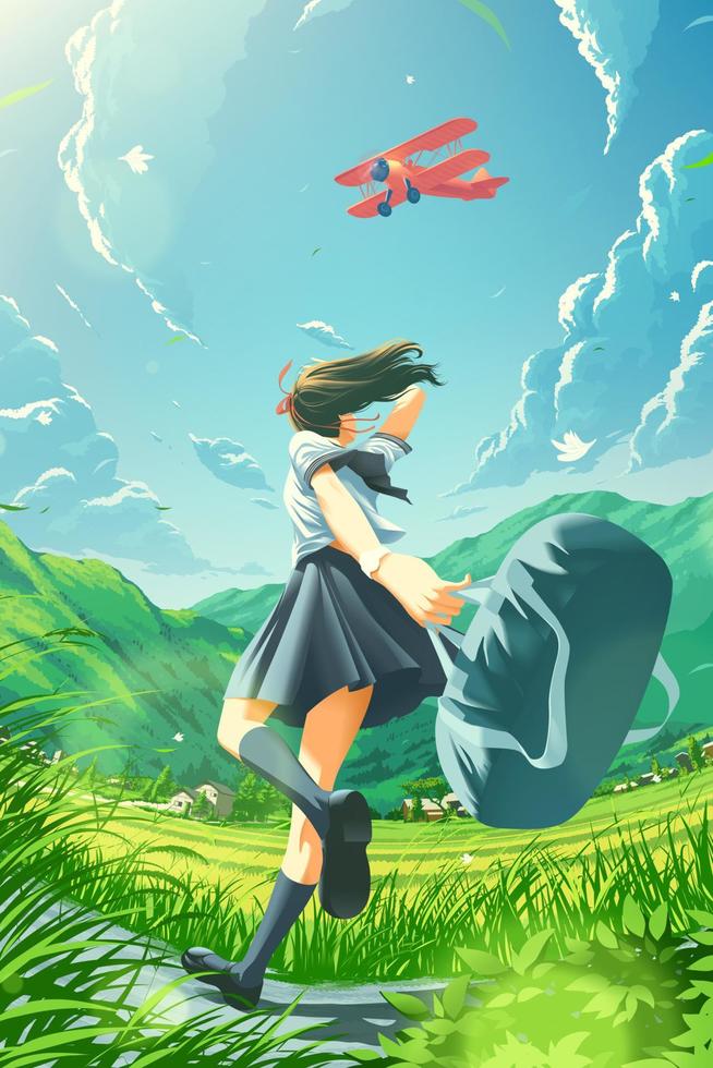 the anime style of a Japanese school girl is running happily to home in the countryside with a zeppelin flying in the sky vector