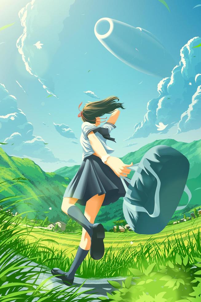 a Japanese school girl running happily home in the countryside and seeing a huge ufo in the sky vector