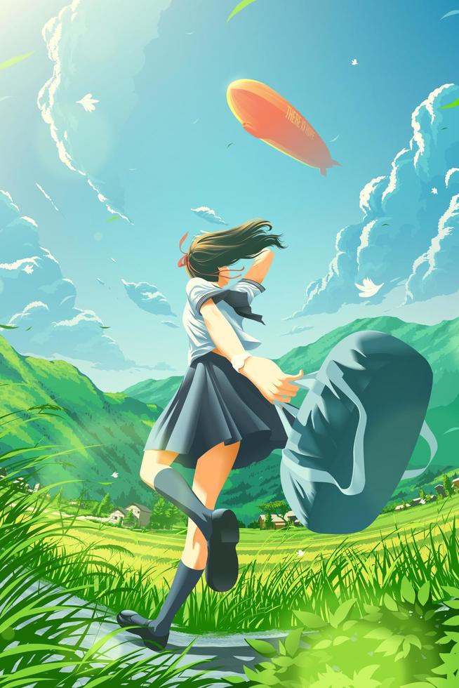 a Japanese school girl is running happily home in the countryside and noticing the zeppelin flying in the sky vector