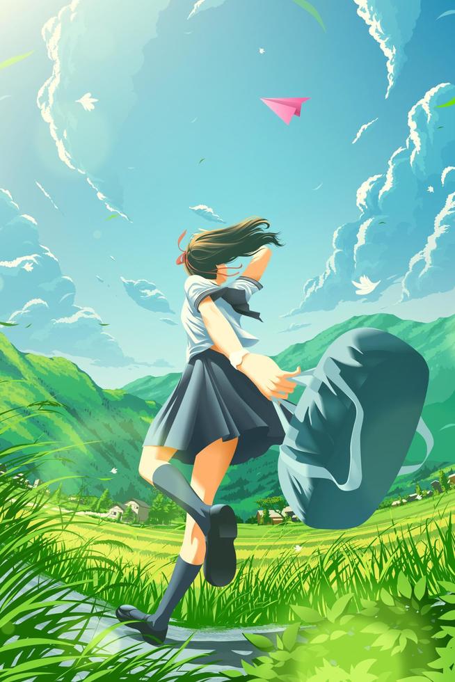 una niña de la escuela japonesa corriendo felizmente a casa en el campo y notando que el avión de papel está flotando en el aire vector