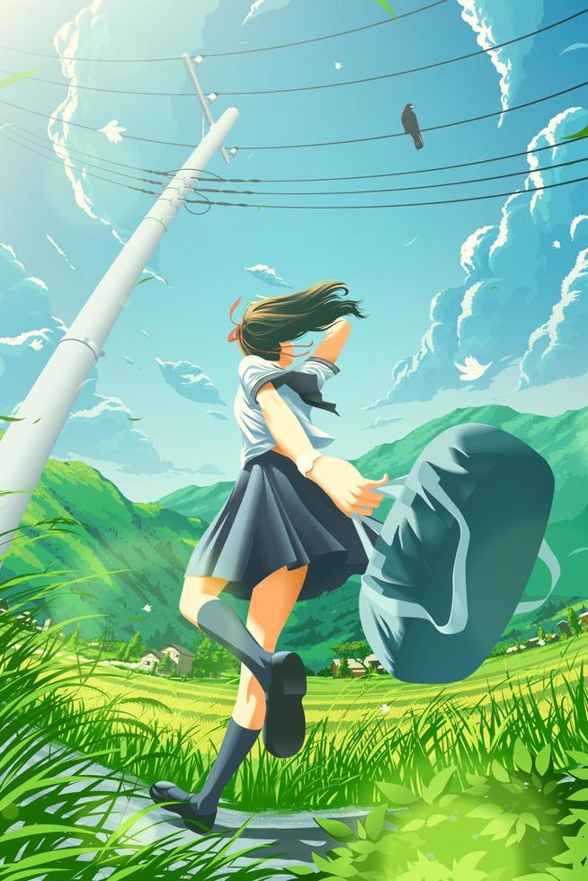 a Japanese school girl running happily home in the countryside and noticing a karasu is perching on the power wire vector
