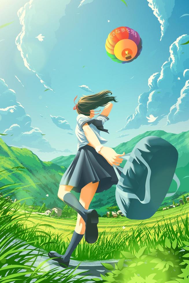 una niña de la escuela japonesa corre felizmente a casa en el campo y nota un globo de aire flotando en el cielo vector