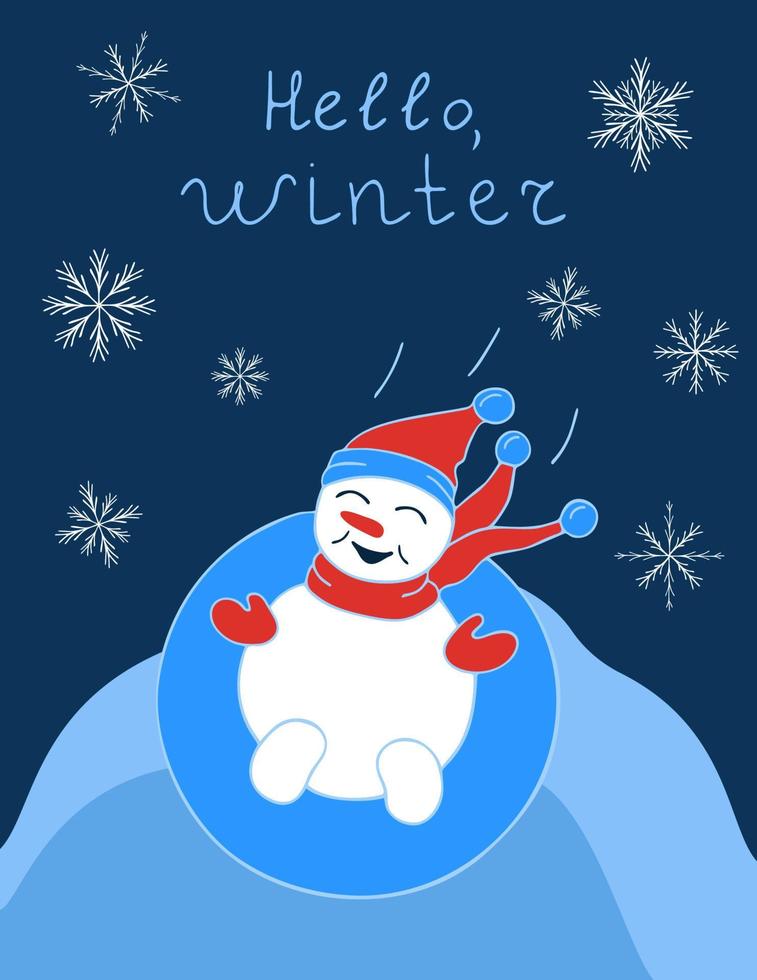 postal de invierno con la imagen de un muñeco de nieve deslizándose por un tobogán estilo garabato vector