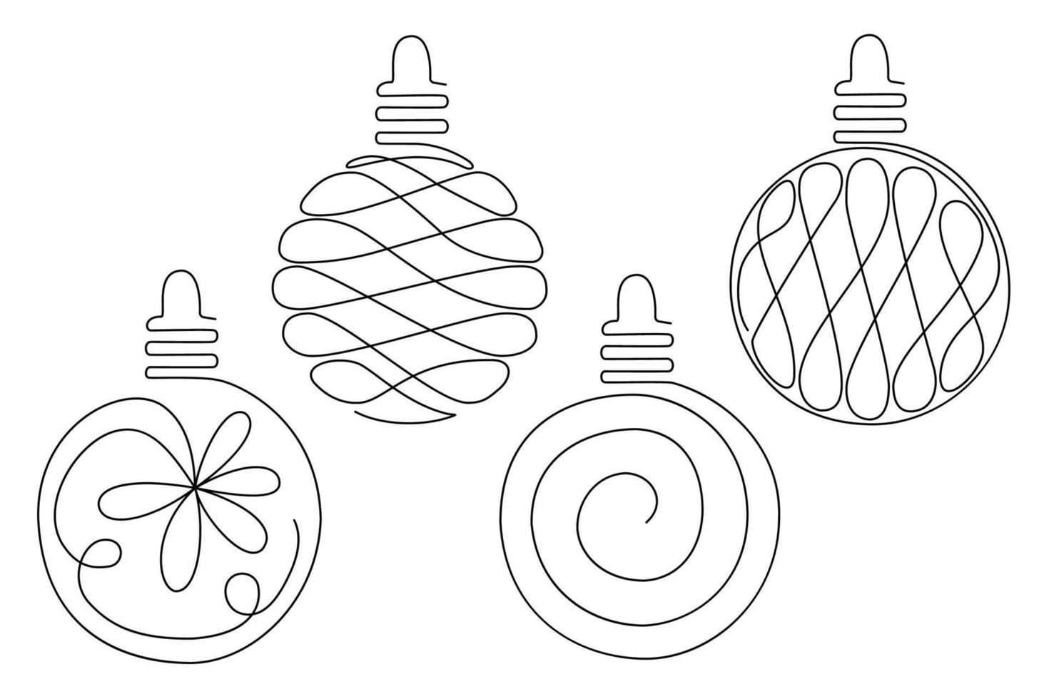 Continuous drawing of Christmas balls. A set of new balloons in the style of line art. Vector on a white background.