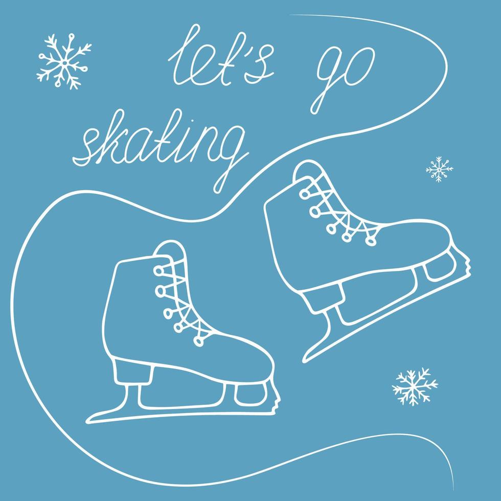 vamos a patinar afiche con copos de nieve y un par de patines estilo garabato sobre un fondo de hielo azul, plantilla vectorial, invitación de afiche a actividades al aire libre en invierno, patinaje artístico, ilustración vectorial vector