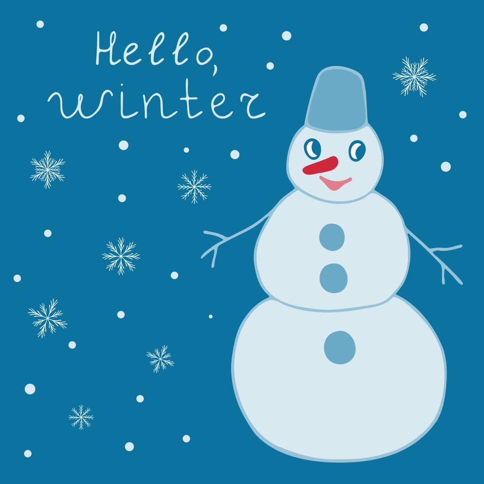 Vector winter background - snowman on a blue background with snowflakes