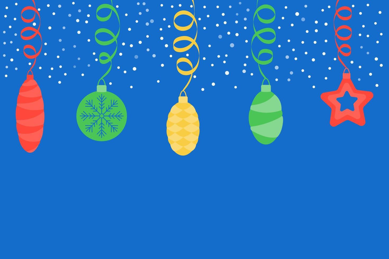 Winter vector background of Christmas toys, streamers, snow on a blue background