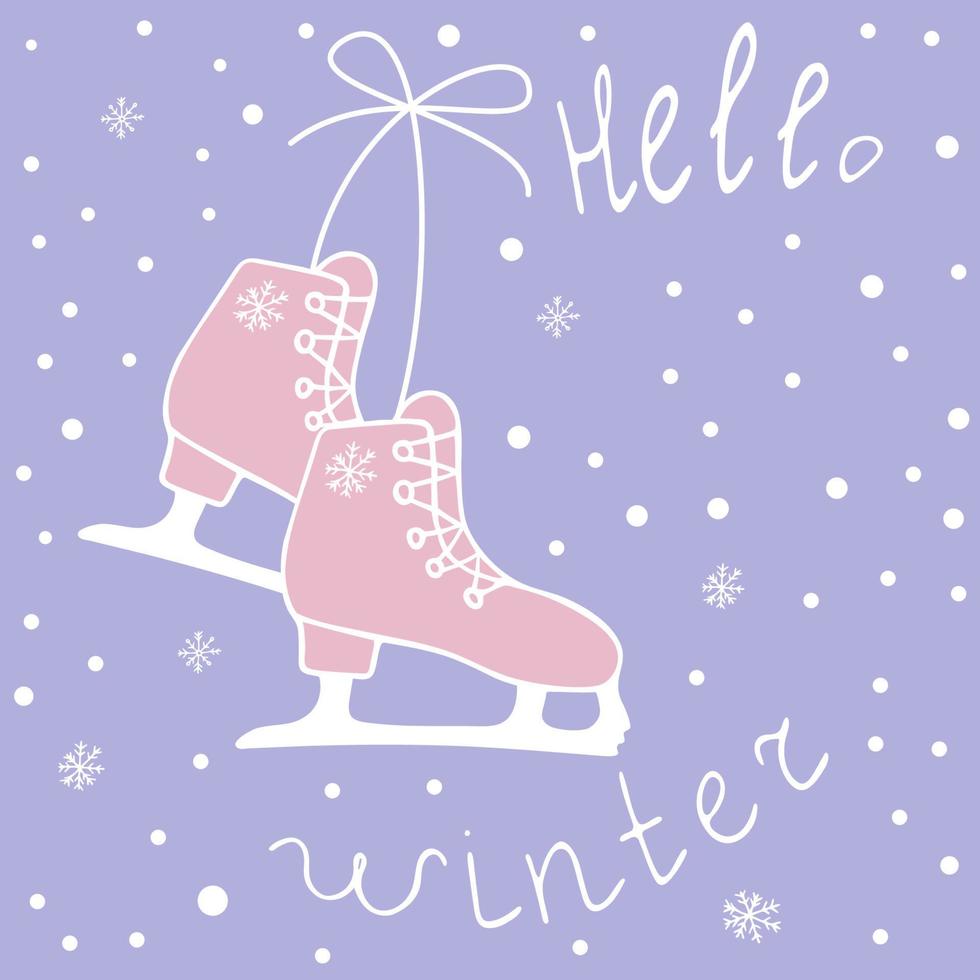 Vector winter background - curly skates in the doodle style on a background of snowflakes. Hello winter.