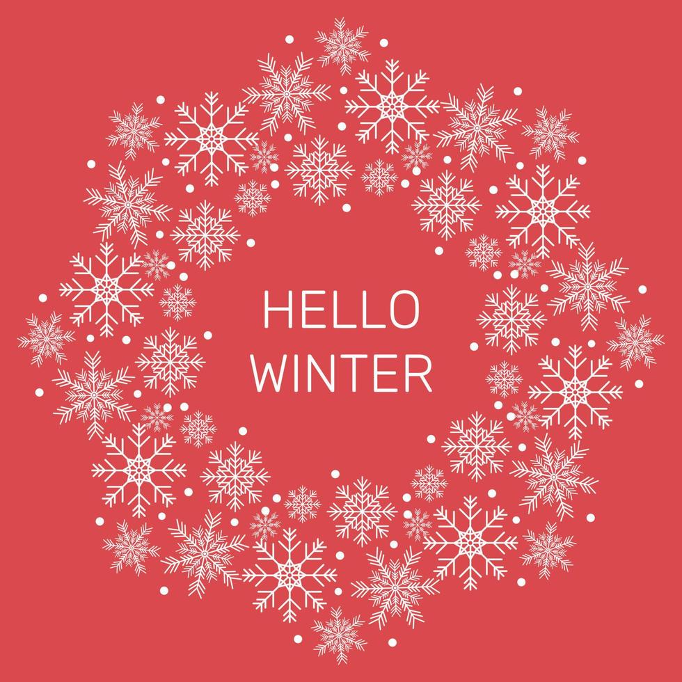 Vector background. A frame of white snowflakes on a red background.