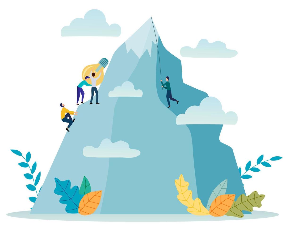 ilustración vectorial.la gente está escalando la montaña con la bombilla eléctrica.el concepto de superación conjunta de dificultades y trabajo en equipo. vector