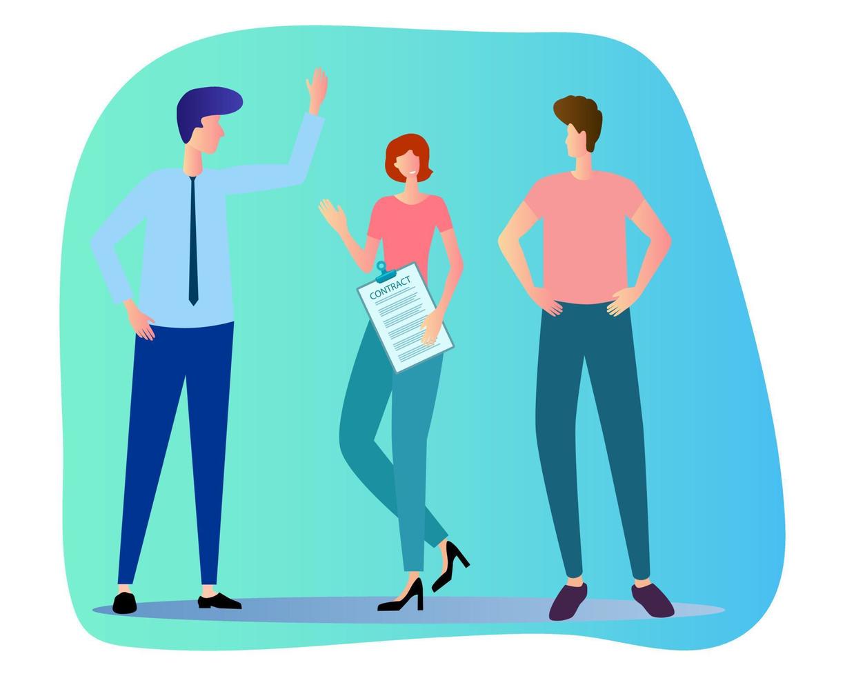 Flat vector illustration.Business partners discuss the terms of the contract among themselves.Concept of professional employees and colleagues.