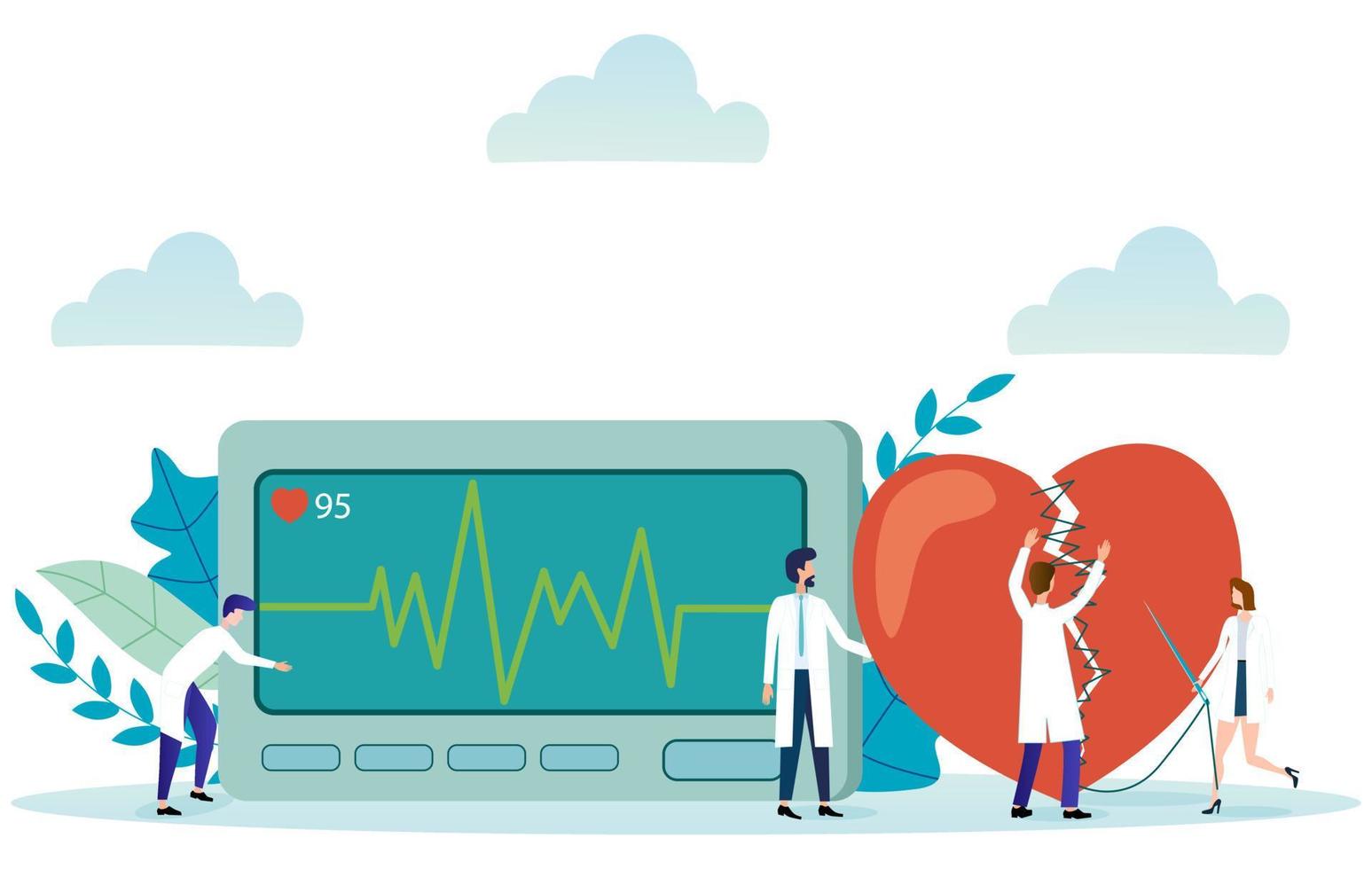 Vector illustration.Doctors are engaged in resuscitation of the heart.The concept of heart protection.