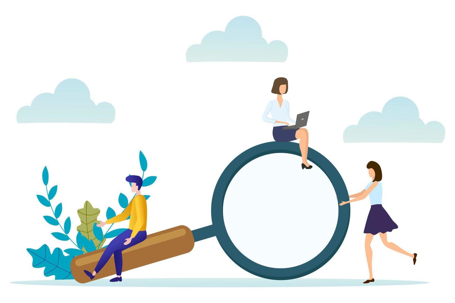 Vector illustration.People near a large magnifying glass.The concept of the search for web pages search human resources.